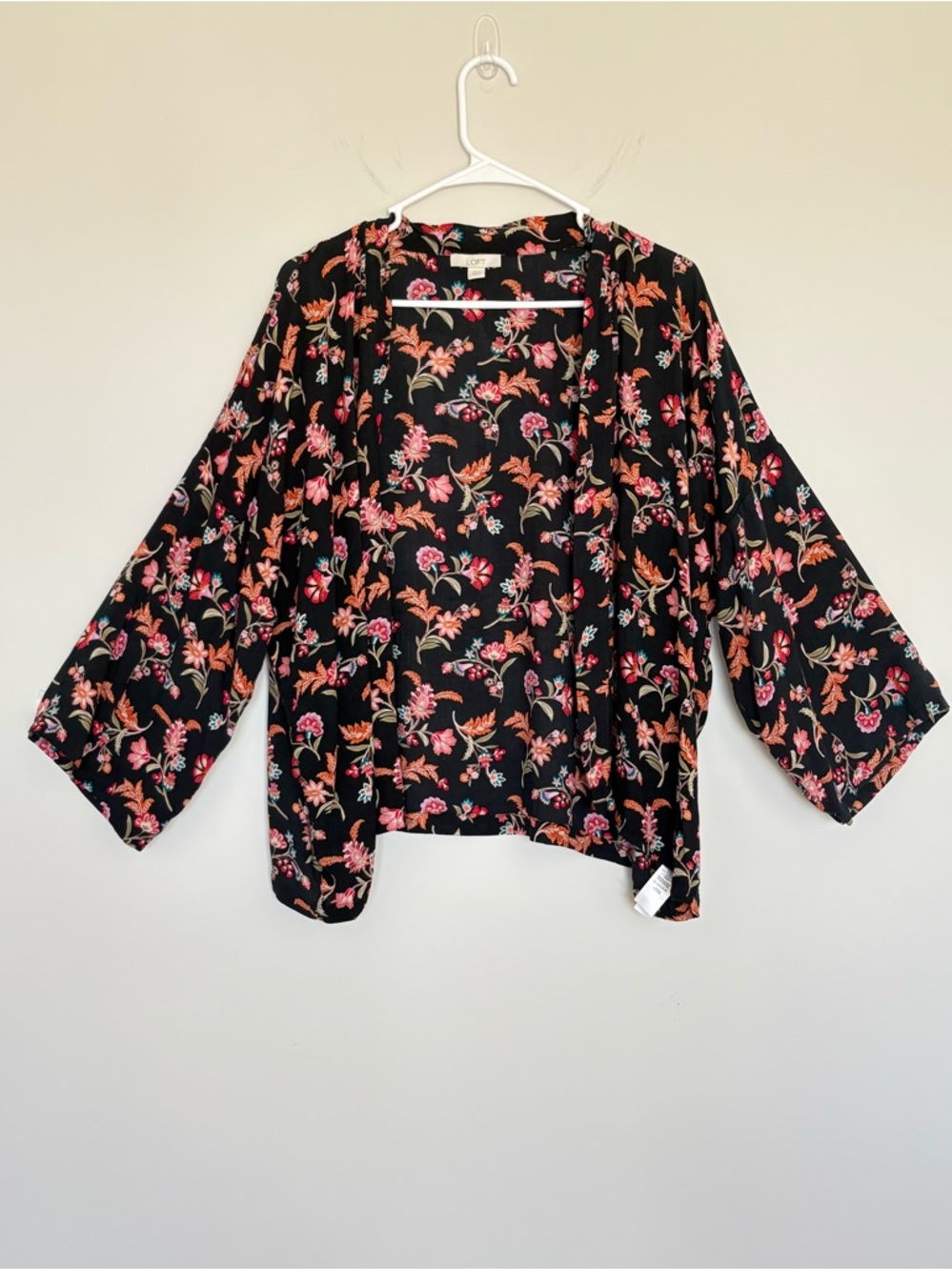 Kimono Wrap Duster Lightweight XS/S LOFT Black Floral Boho Long Sleeve